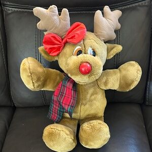 Plush Reindeer Holiday Stuffed Animal with Red Bow & Scarf